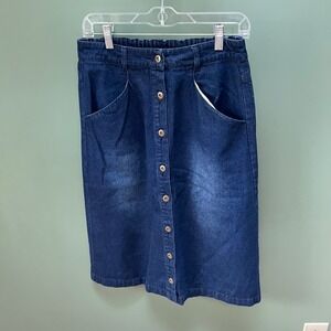 Vintage Womens Dark Wash Denim Button Front Midi Skirt Elastic Waist Pockets